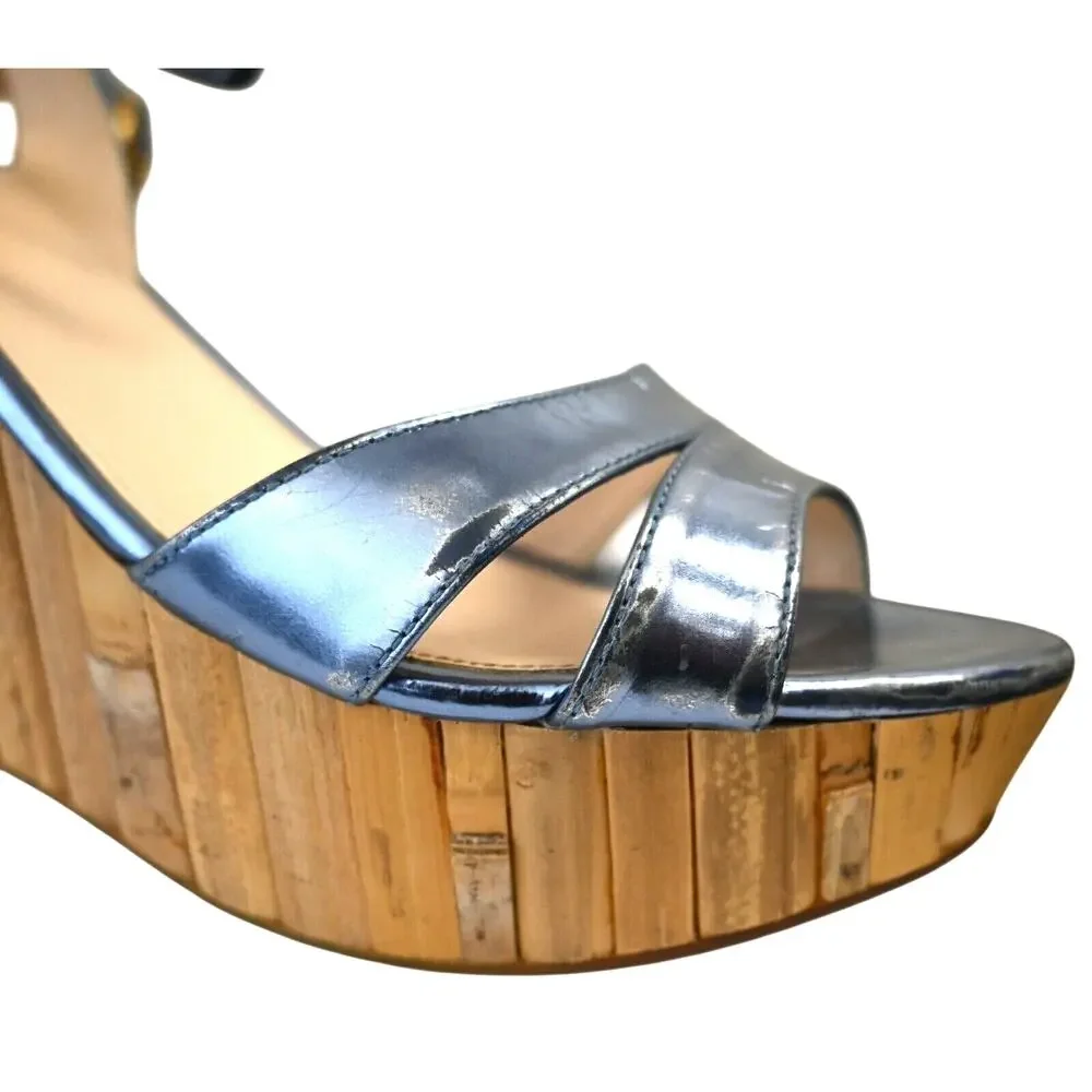 Prada Blue Metallic Leather Bamboo Wedge Platform Sandals Size 39